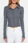 Button-Detail Bodycon Ribbed Stretch Knit Crop Polo Top