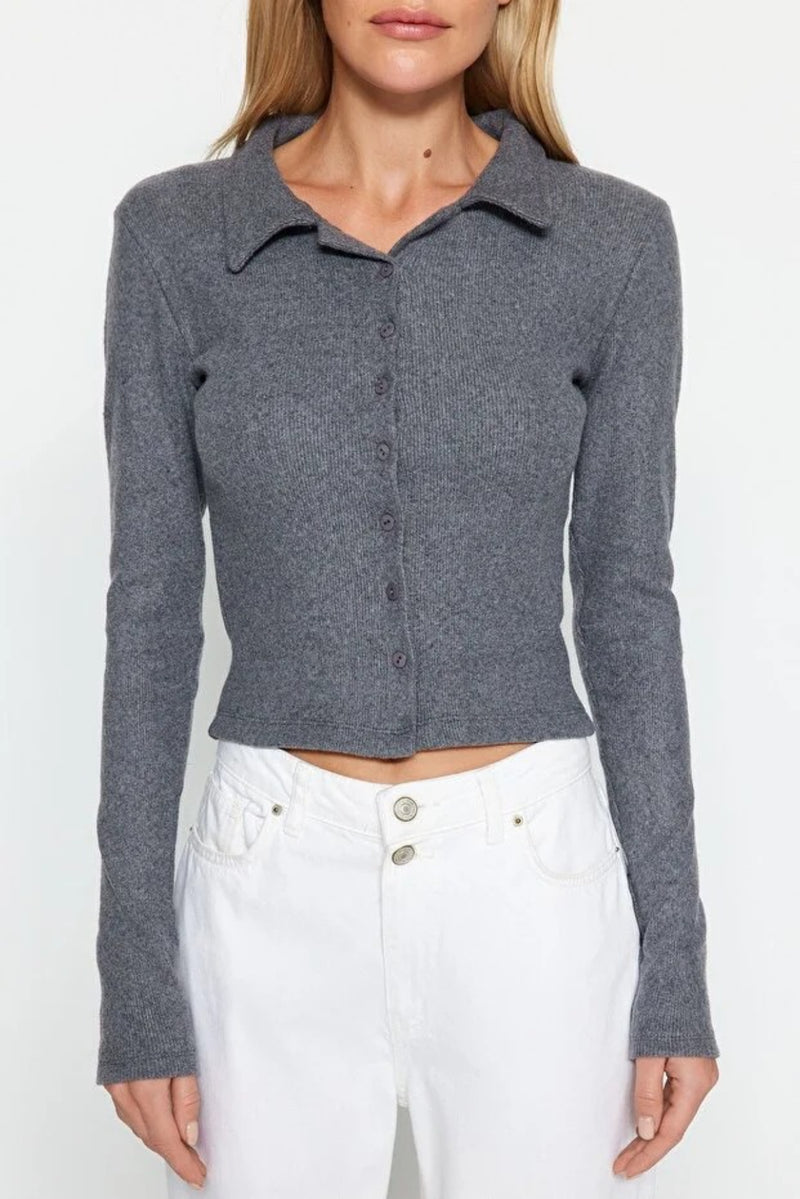 Button-Detail Bodycon Ribbed Stretch Knit Crop Polo Top