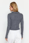 Button-Detail Bodycon Ribbed Stretch Knit Crop Polo Top