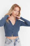 Button-Detail Bodycon Ribbed Stretch Knit Crop Polo Top