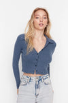 Button-Detail Bodycon Ribbed Stretch Knit Crop Polo Top