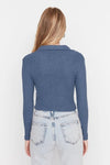 Button-Detail Bodycon Ribbed Stretch Knit Crop Polo Top