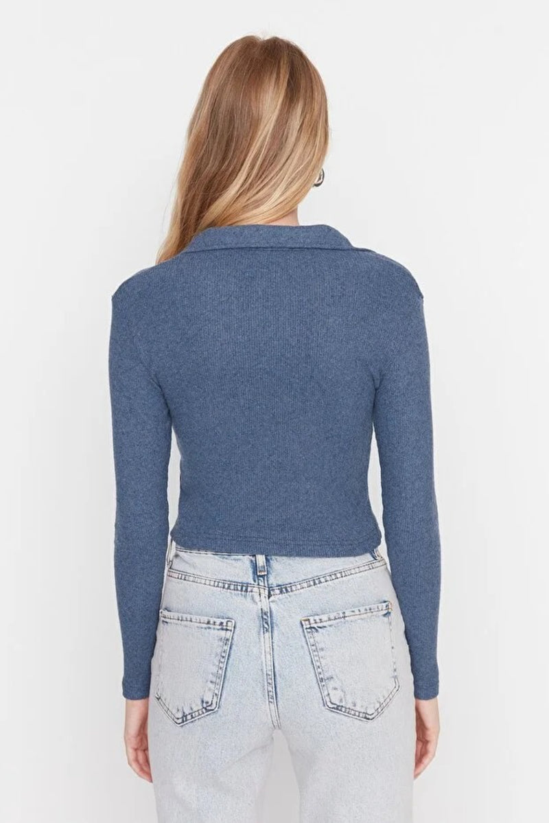 Button-Detail Bodycon Ribbed Stretch Knit Crop Polo Top
