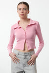 Button-Detail Bodycon Ribbed Stretch Knit Crop Polo Top