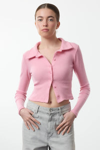 Button-Detail Bodycon Ribbed Stretch Knit Crop Polo Top