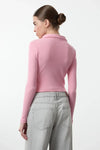 Button-Detail Bodycon Ribbed Stretch Knit Crop Polo Top