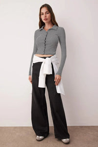 Button-Detail Bodycon Ribbed Stretch Knit Crop Polo Top