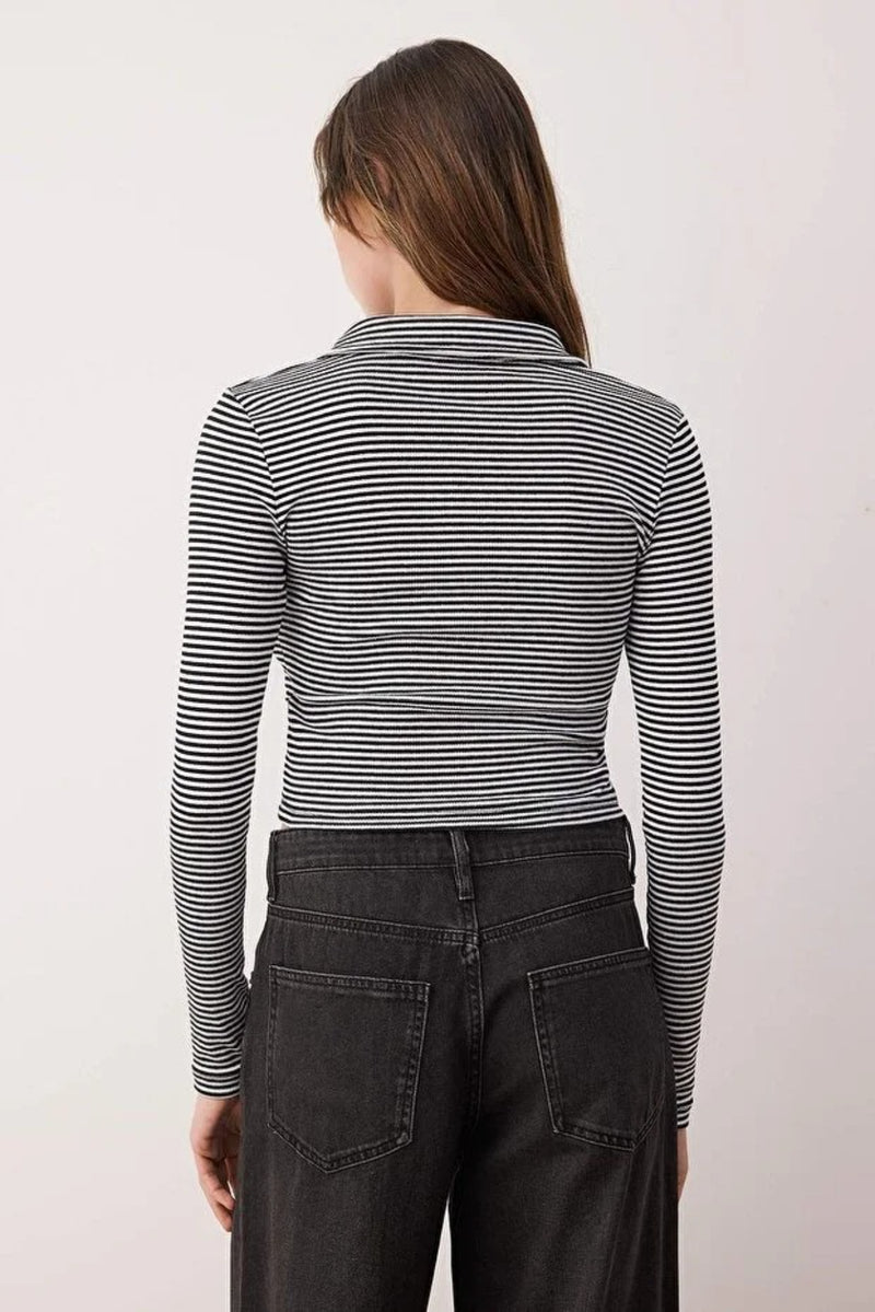 Button-Detail Bodycon Ribbed Stretch Knit Crop Polo Top