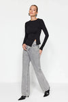 Single-Slit Detail Cotton Ruched Crew Neck Knit Blouse