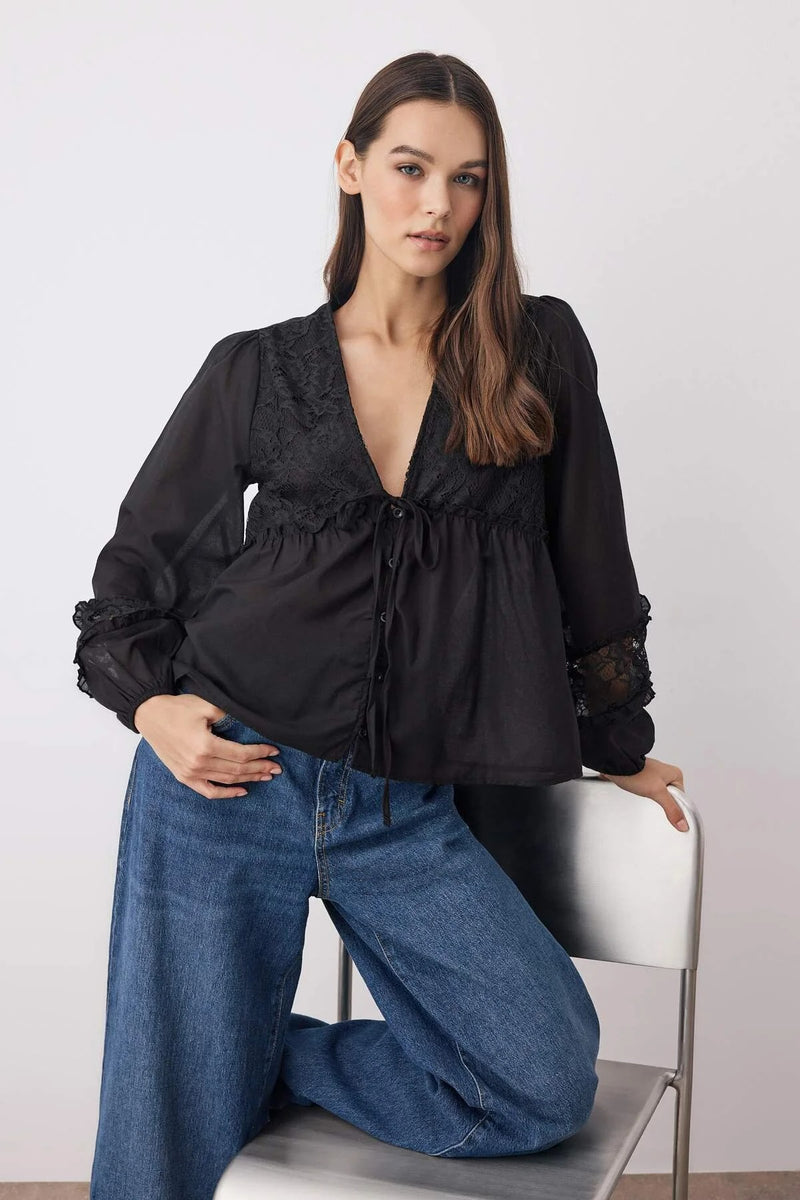 Lace-Trim Tie V-Neck Woven Blouse