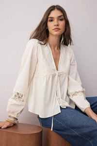 Lace-Trim Tie V-Neck Woven Blouse