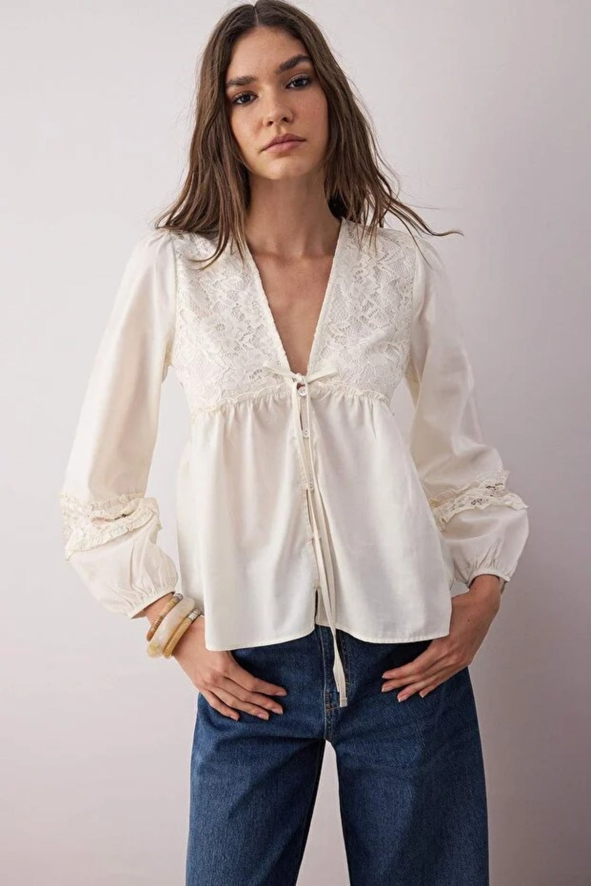 Lace-Trim Tie V-Neck Woven Blouse