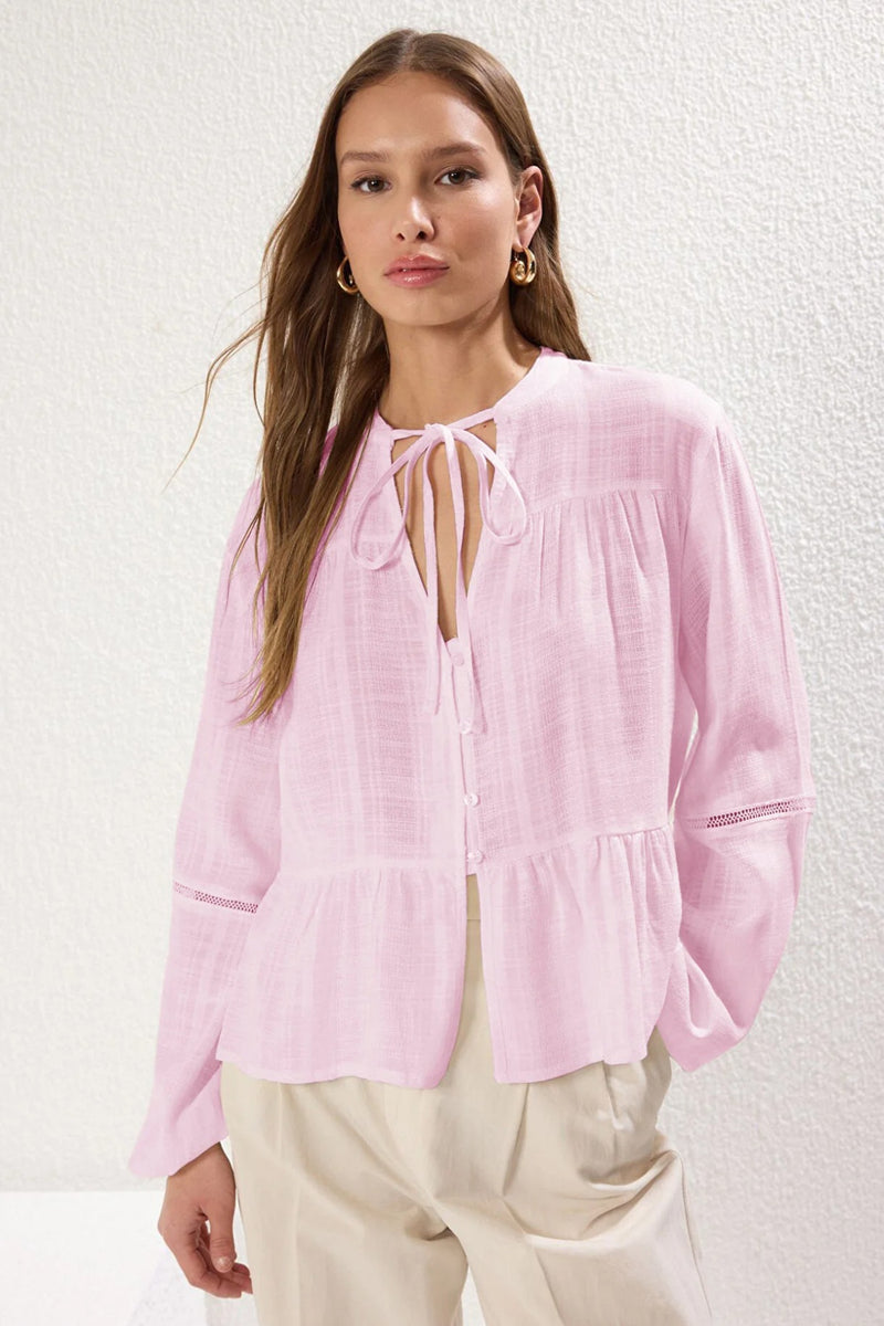 Cotton-Textured Regular Fit Woven Shirt with Lace Sleeve Detail