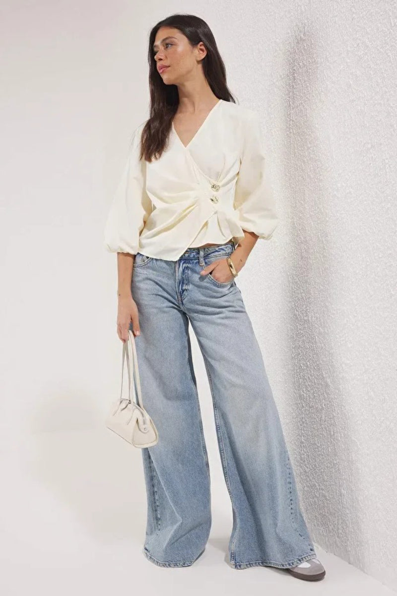 Striped Wrap-Front Woven Blouse