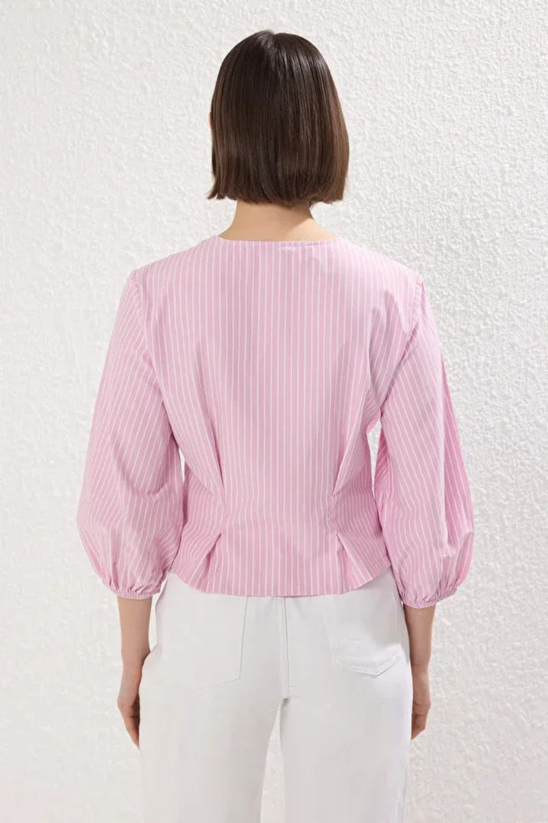 Striped Wrap-Front Woven Blouse