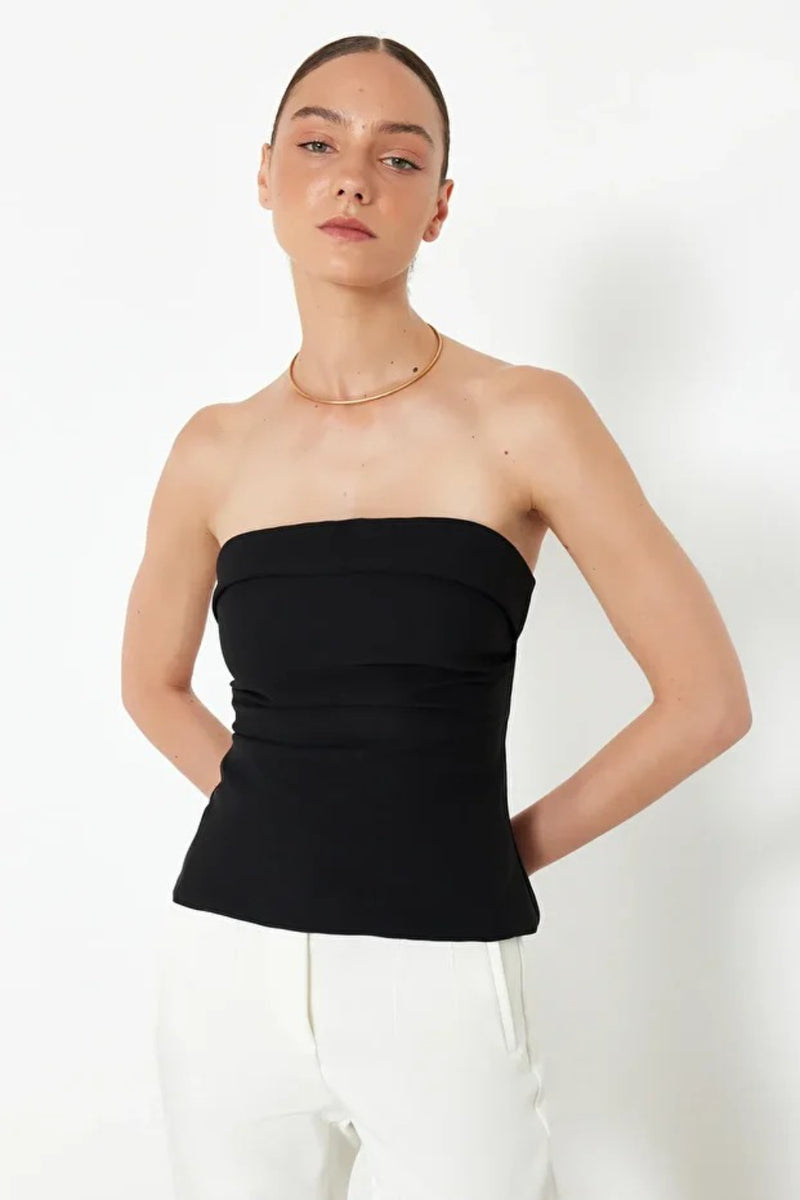 Strapless Fitted Draped Woven Blouse