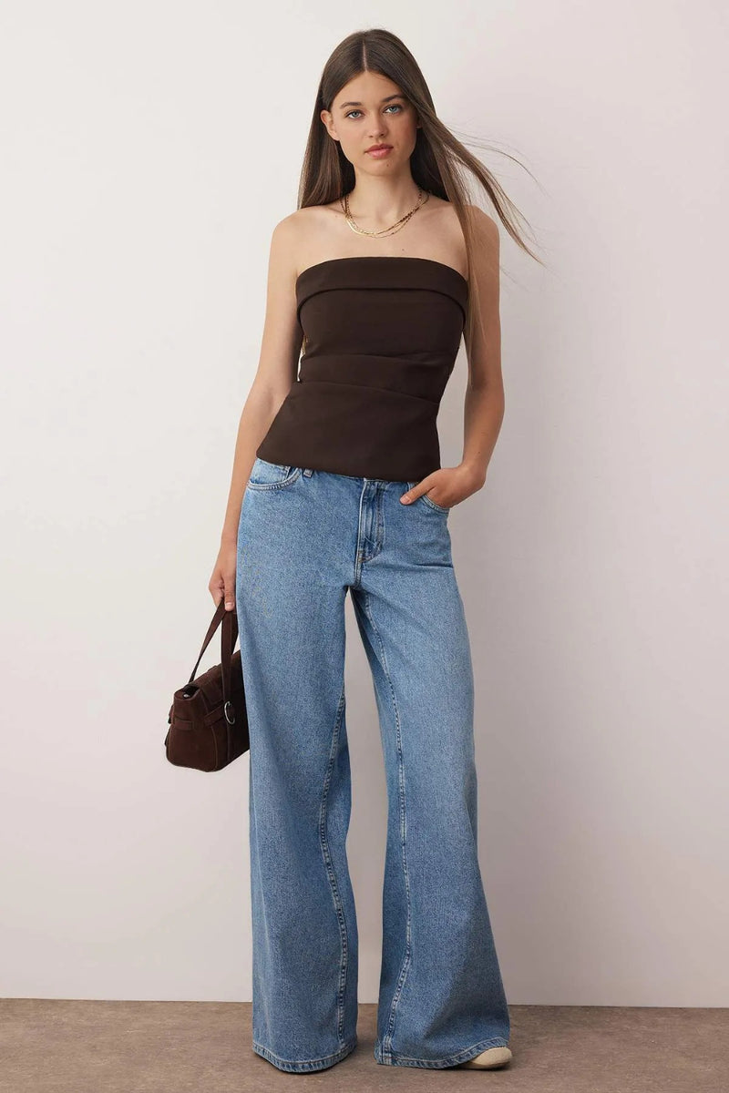 Strapless Fitted Draped Woven Blouse
