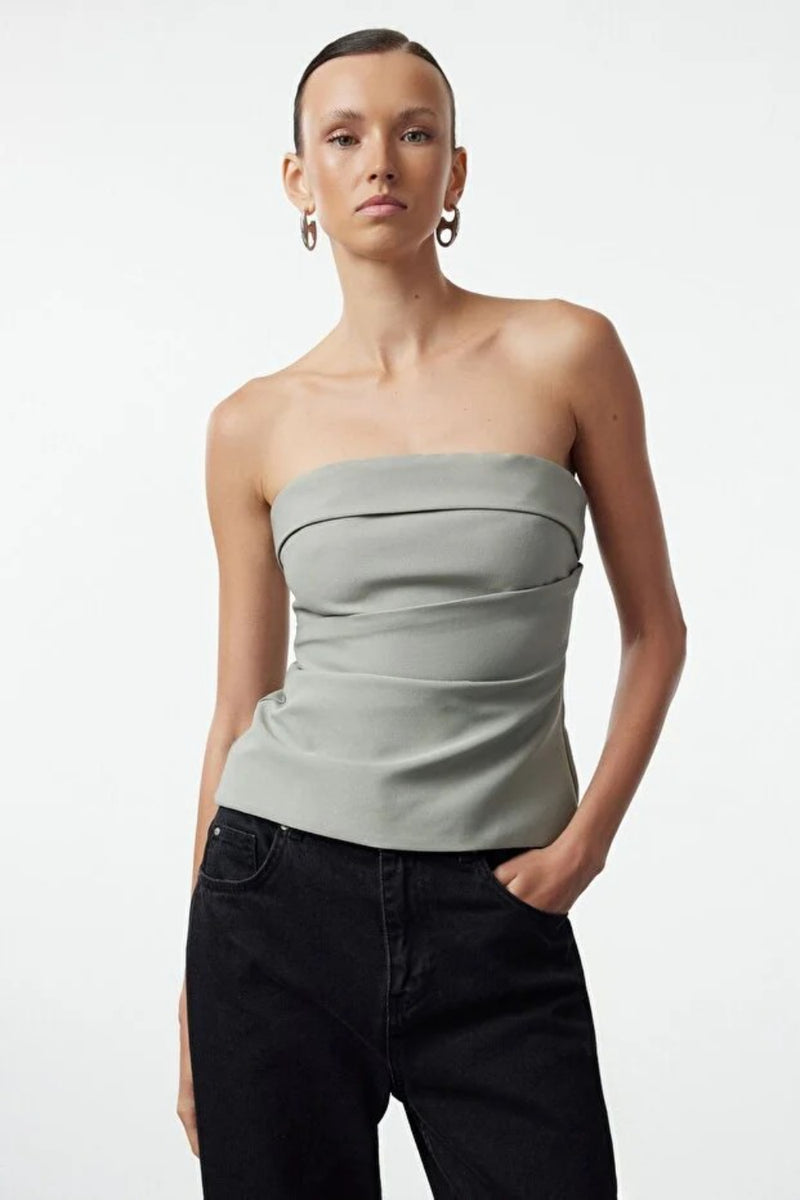 Strapless Fitted Draped Woven Blouse