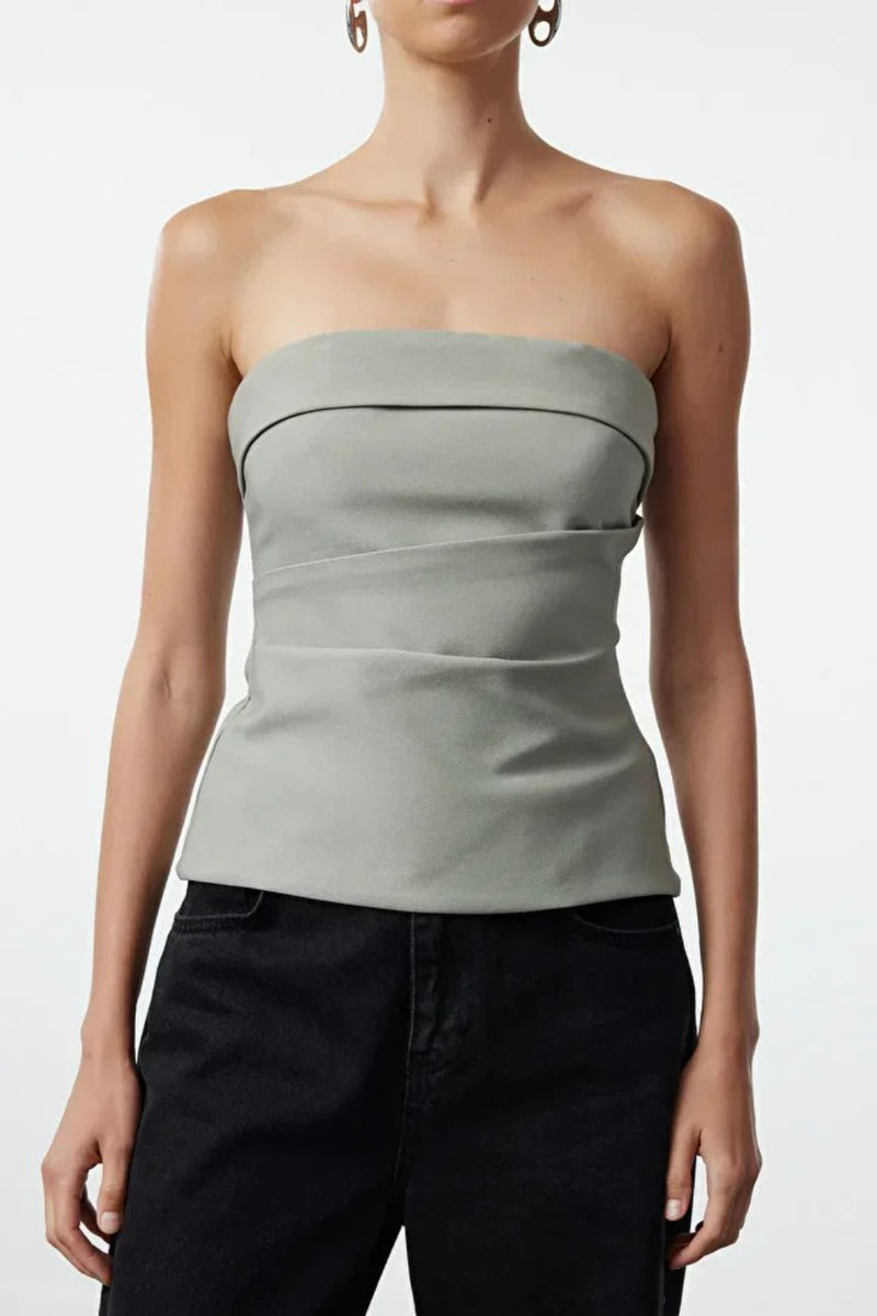 Strapless Fitted Draped Woven Blouse