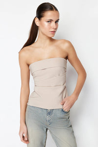 Strapless Fitted Draped Woven Blouse