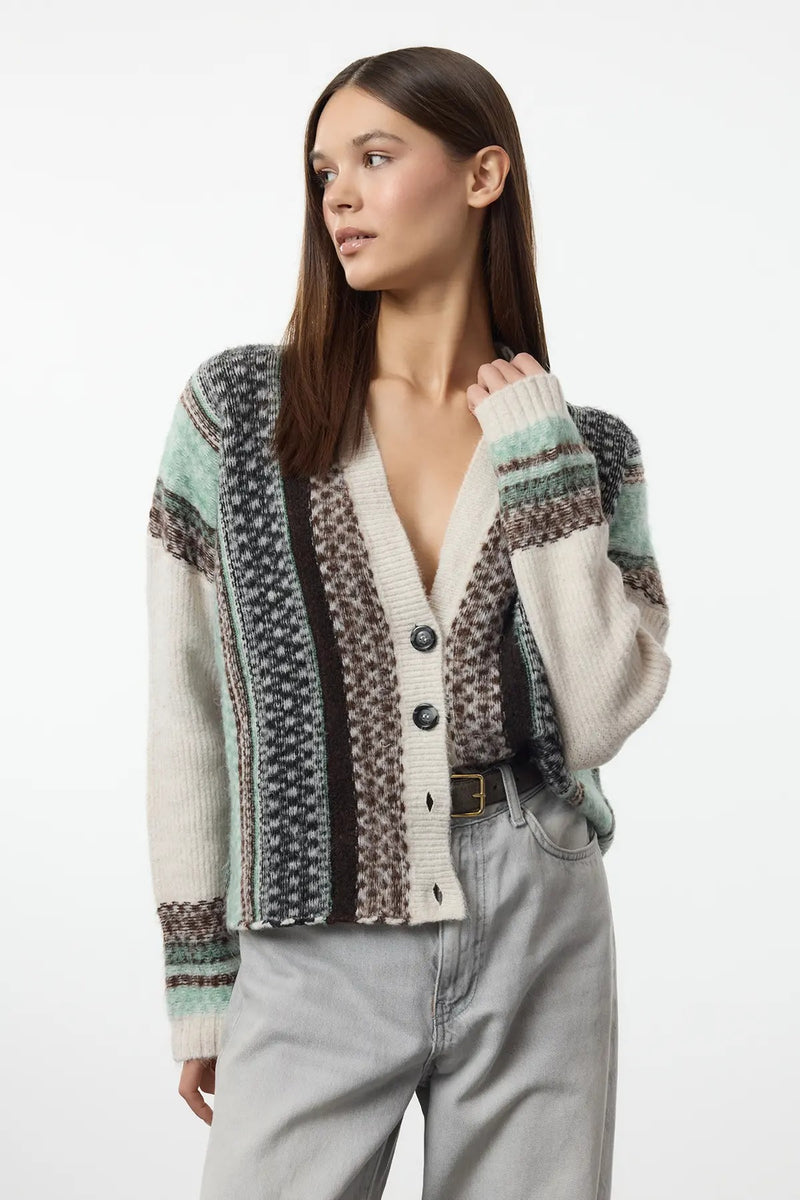 Oversized Soft-Textured Patterned V-Neck Knit Cardigan