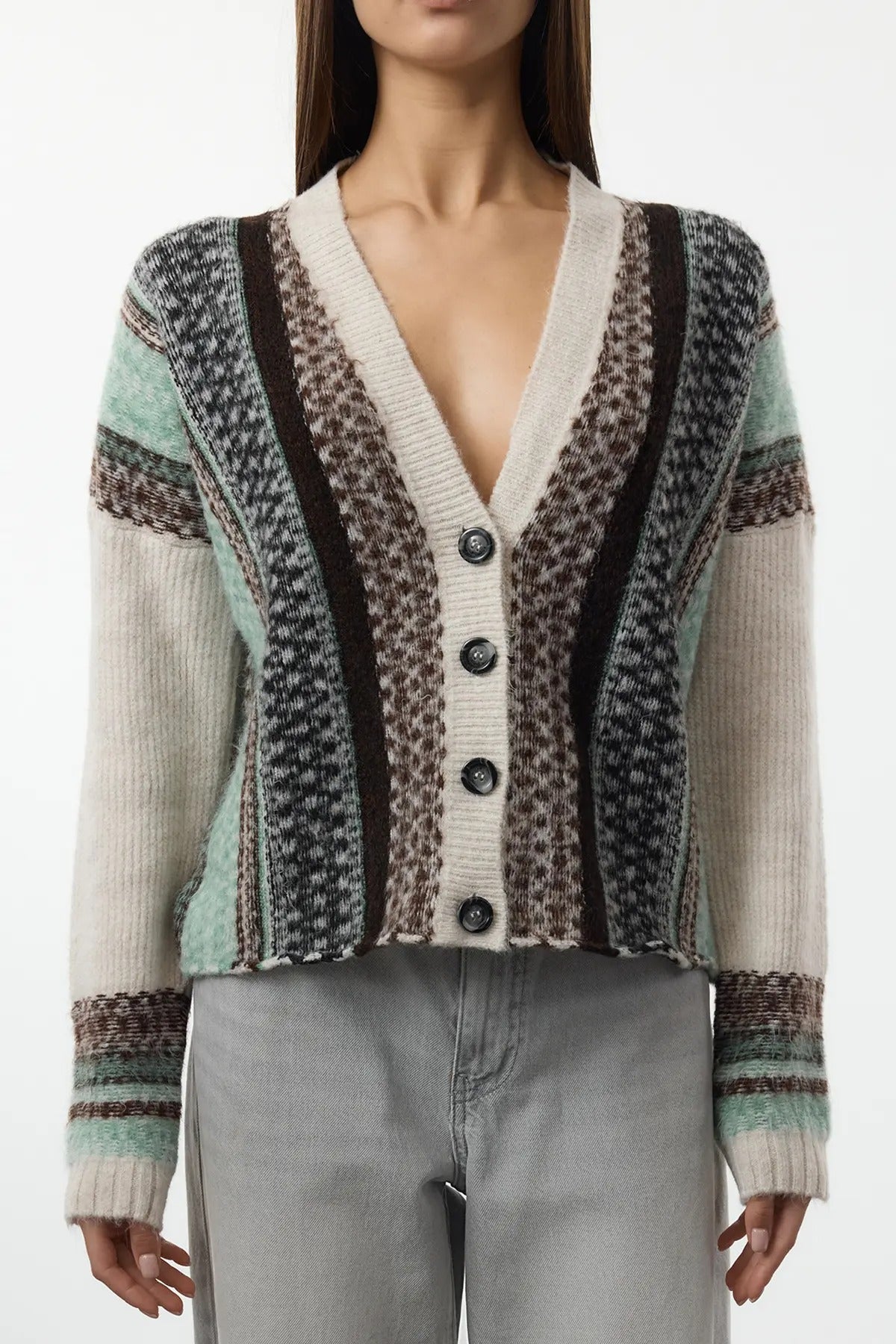 Oversized Soft-Textured Patterned V-Neck Knit Cardigan