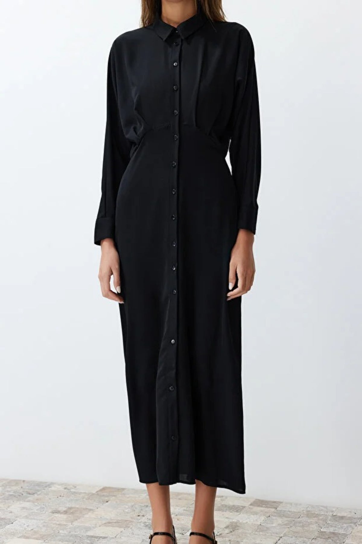 Waist-Detail Buttoned Woven Shirt Dress