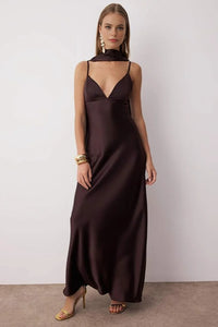 Maxi Satin Evening Dress with Shawl Detail