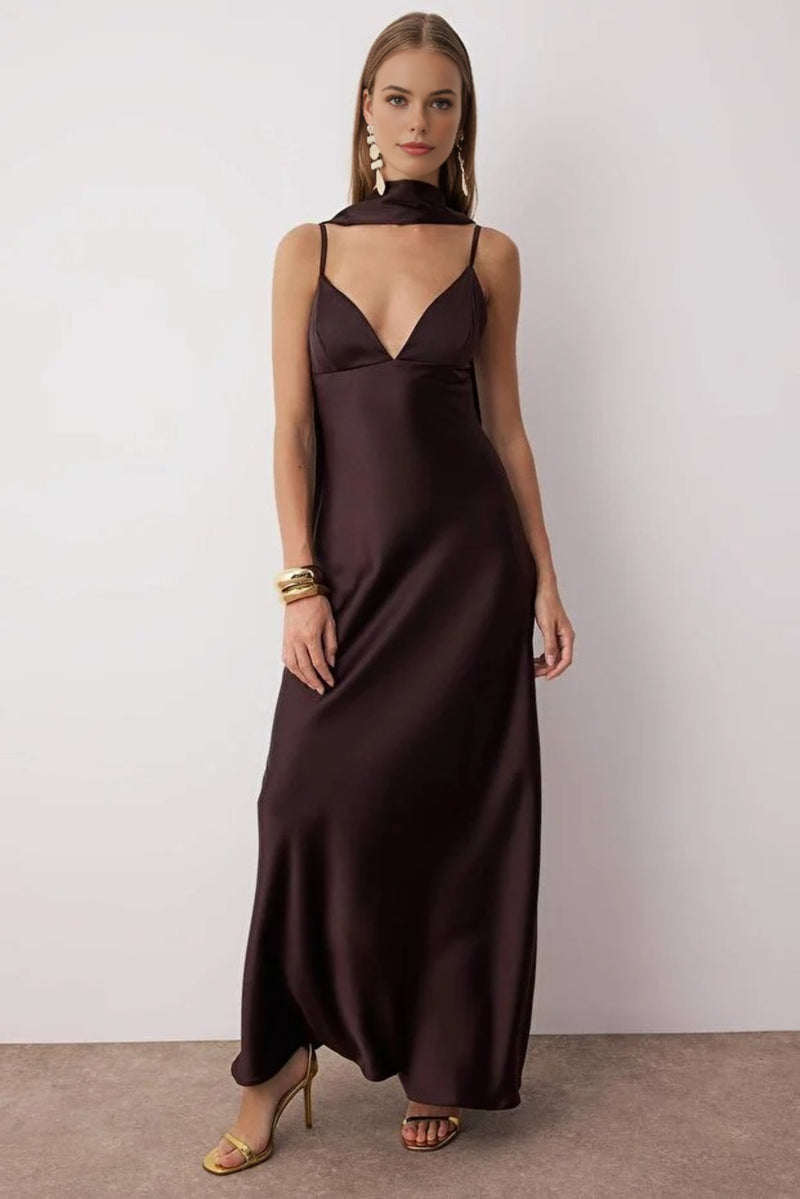 Maxi Satin Evening Dress with Shawl Detail