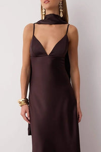 Maxi Satin Evening Dress with Shawl Detail