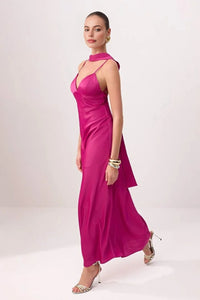 Maxi Satin Evening Dress with Shawl Detail