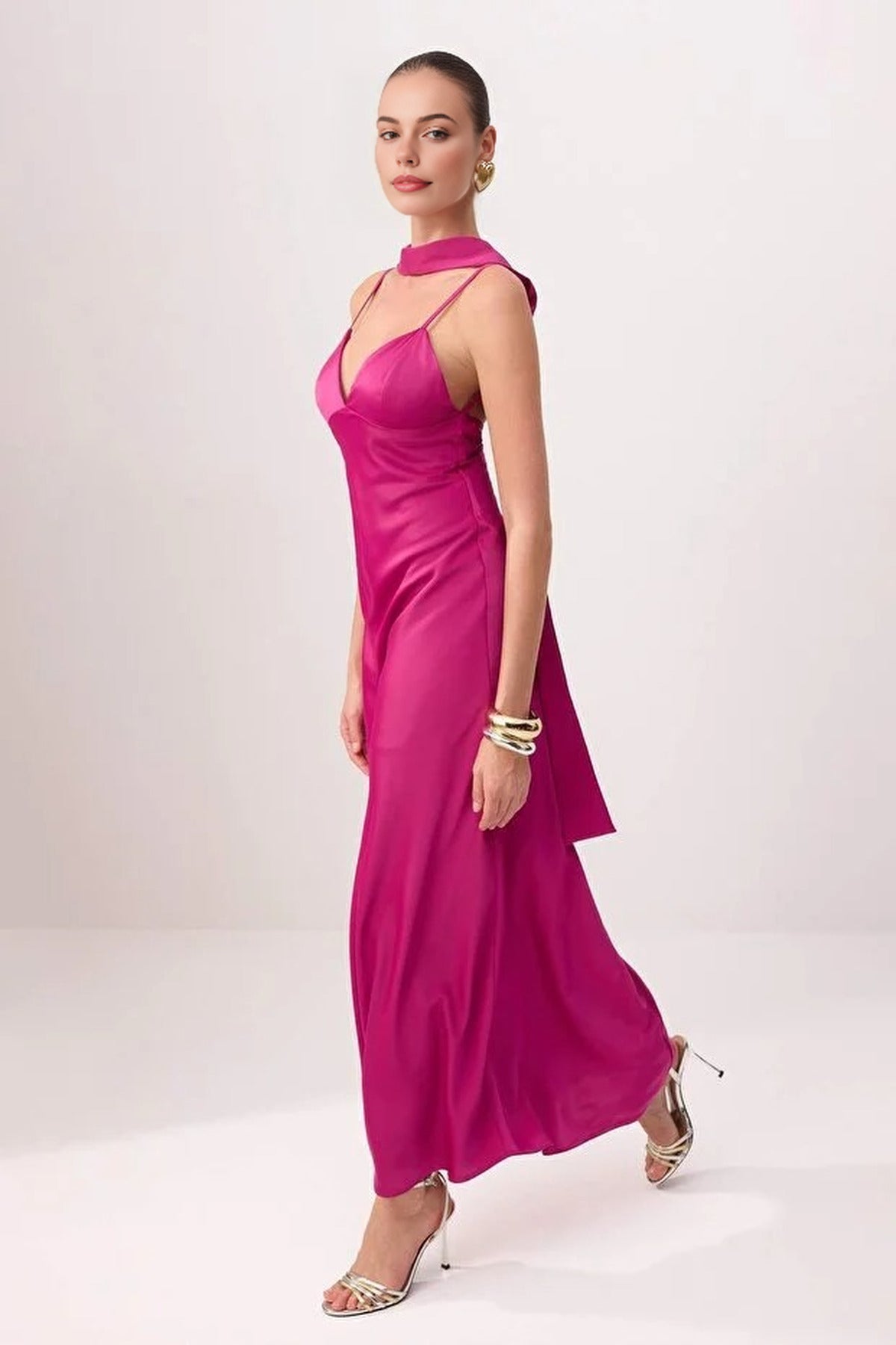 Maxi Satin Evening Dress with Shawl Detail