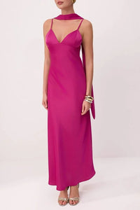 Maxi Satin Evening Dress with Shawl Detail