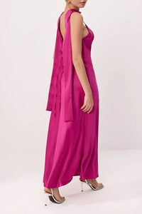 Maxi Satin Evening Dress with Shawl Detail