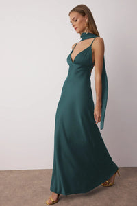 Maxi Satin Evening Dress with Shawl Detail