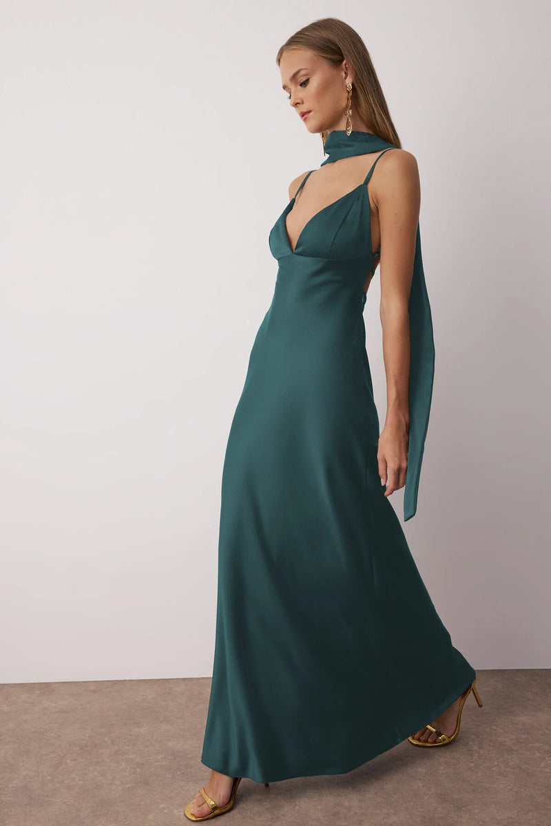 Maxi Satin Evening Dress with Shawl Detail