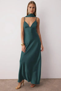 Maxi Satin Evening Dress with Shawl Detail