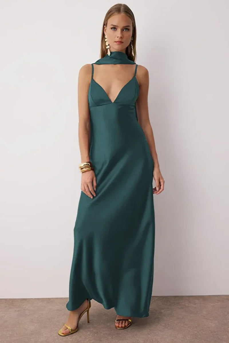 Maxi Satin Evening Dress with Shawl Detail