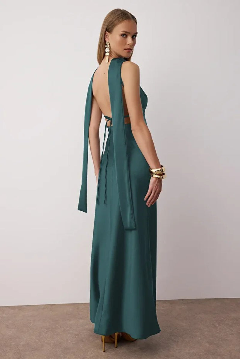 Maxi Satin Evening Dress with Shawl Detail