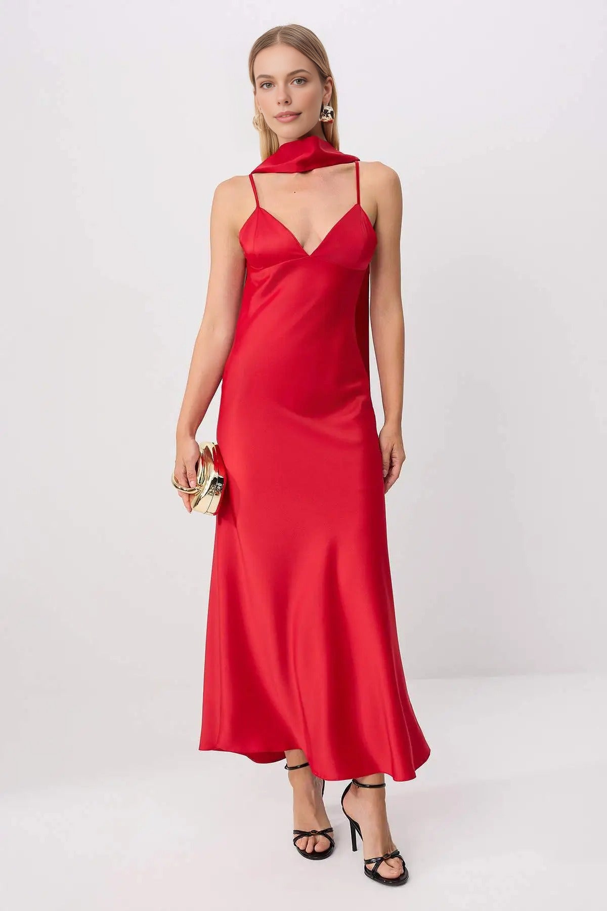 Maxi Satin Evening Dress with Shawl Detail
