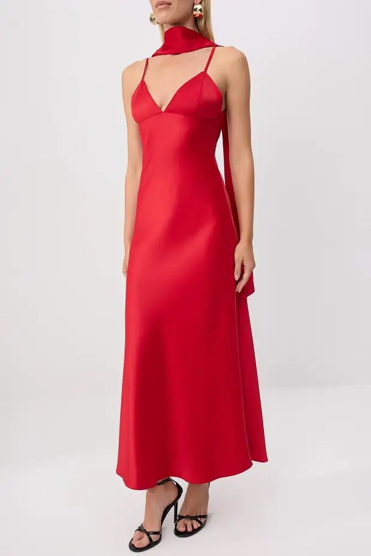 Maxi Satin Evening Dress with Shawl Detail