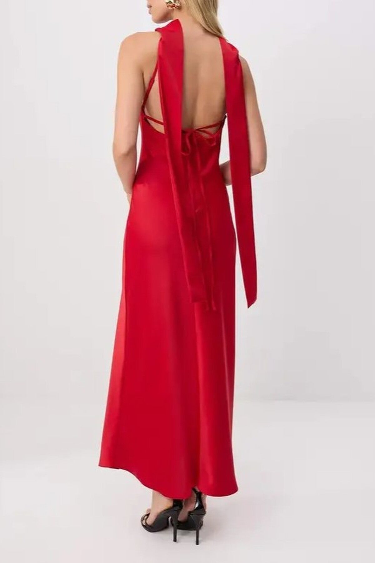 Maxi Satin Evening Dress with Shawl Detail