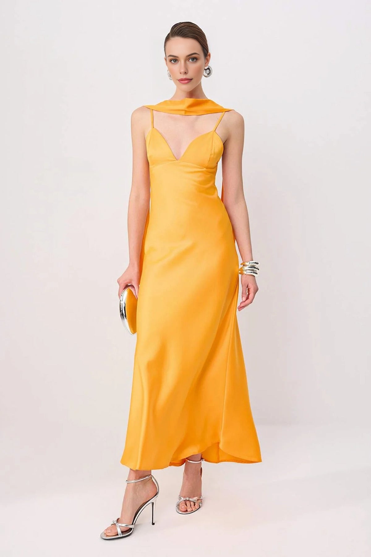 Maxi Satin Evening Dress with Shawl Detail