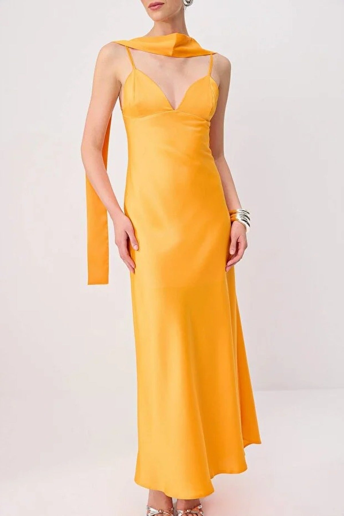 Maxi Satin Evening Dress with Shawl Detail