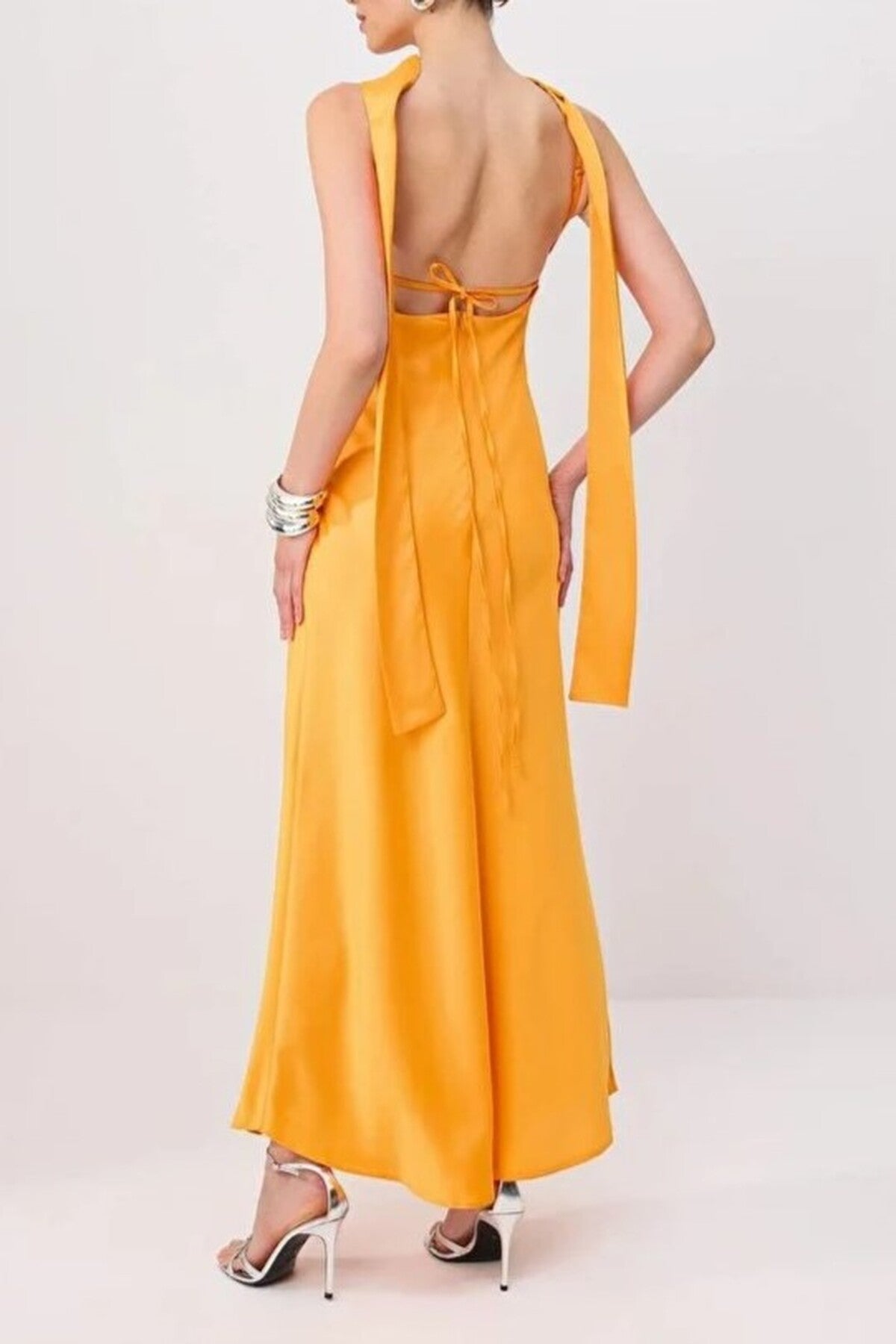 Maxi Satin Evening Dress with Shawl Detail
