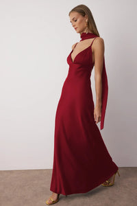 Maxi Satin Evening Dress with Shawl Detail