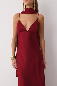 Maxi Satin Evening Dress with Shawl Detail