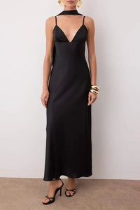 Maxi Satin Evening Dress with Shawl Detail