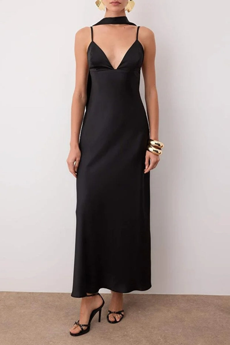 Maxi Satin Evening Dress with Shawl Detail