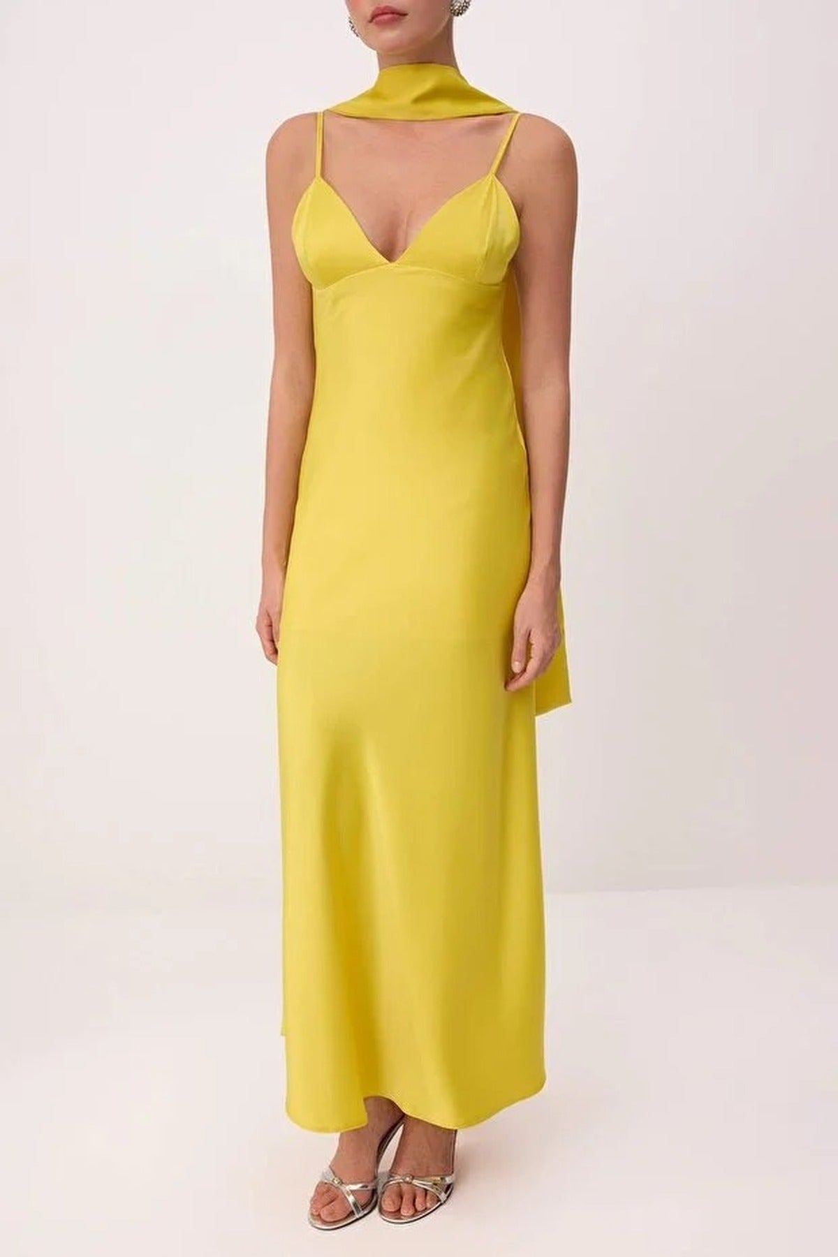 Maxi Satin Evening Dress with Shawl Detail